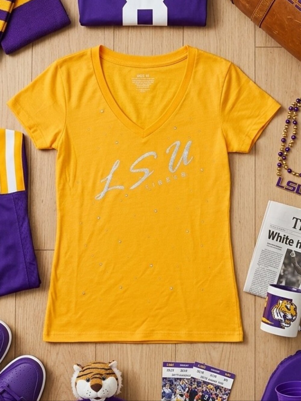 Colosseum Gold LSU V-Neck Tee with Silver Rhinestone Logo